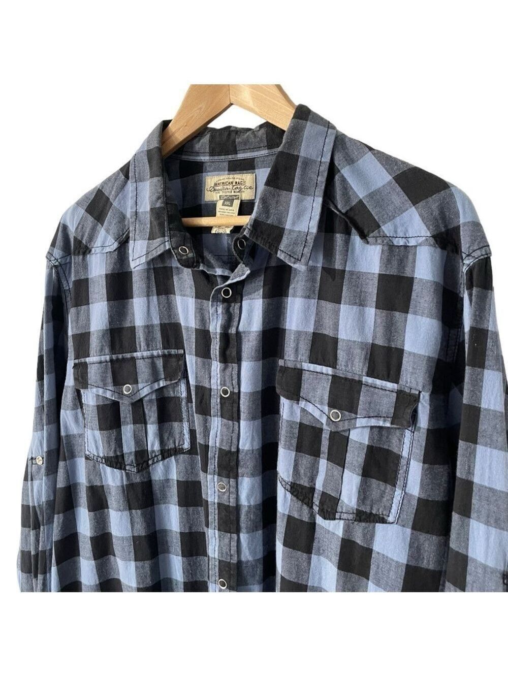 American Rag Button Down Shirt Mens XXL Blue Black Check Western Casual EUC